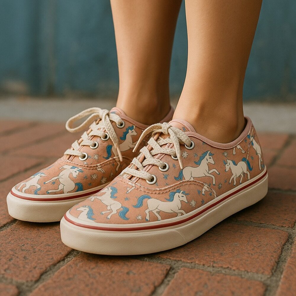 Vans Pink Unicorn Lace Up Sneakers Skater Canvass Used Size 5 - Picture 1 of 7
